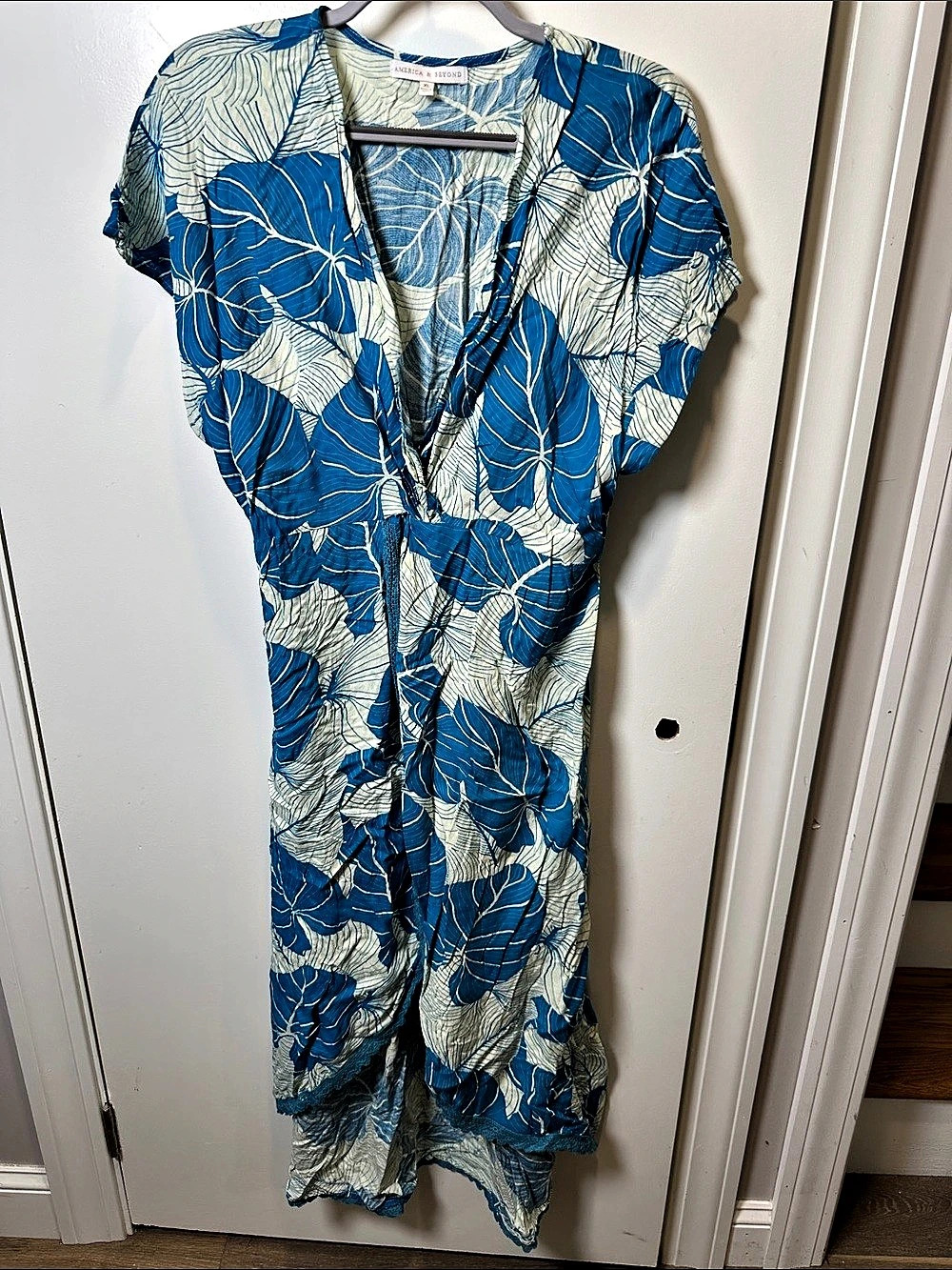 America & Beyond Floral Midi Dress Blue & Cream Swim cover up  (203)